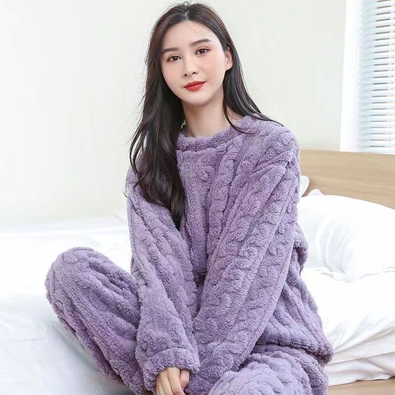 珊瑚绒提花睡衣女装秋冬季超两件绒加套装加厚绒厚新款家居服冬天
