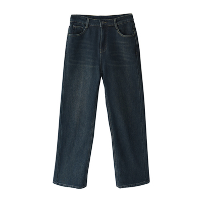 加绒宽松显瘦高腰直筒牛仔长裤