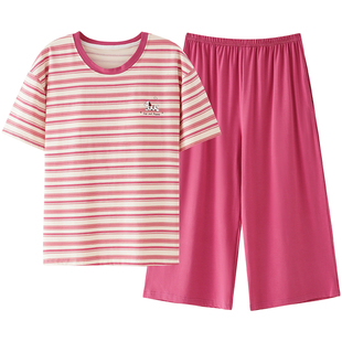 芬腾可安睡衣女款2026新款夏季纯棉女士短袖七分裤条纹家居服夏天