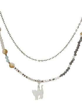 双层叠戴天然石小猫项链颈链配饰