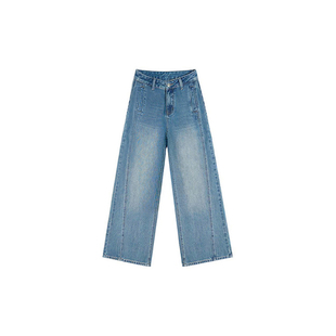 复古蓝直筒牛仔裤女秋冬新款胖妹妹mm高腰宽松显瘦直筒窄版阔腿裤