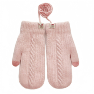 兔毛包指挂绳学生成人毛线寒手套女加绒冬可爱韩版保暖连指粉