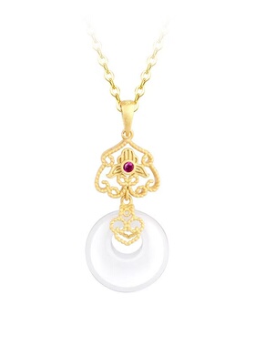 新中式镀金镶嵌平安扣玉石祥云项链女复古时尚轻奢百搭小众锁骨链