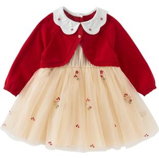 戴维贝拉儿童裙子2026春冬新款女童假两件网纱公主裙新年连衣裙