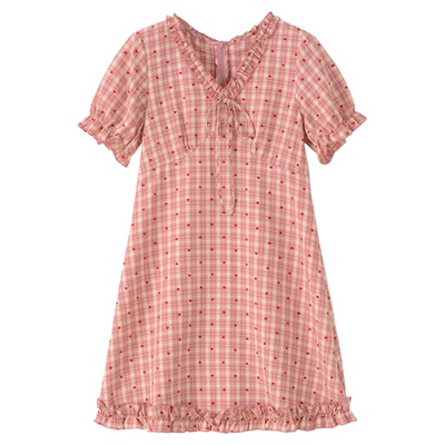 弥古短袖粉色格子连衣裙女2026夏季新款修身法式木耳边泡泡袖短裙