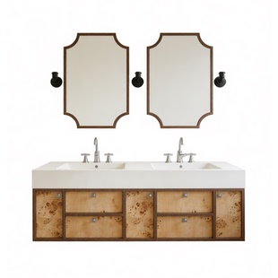 2026新款浴室柜中古风岩板热弯陶瓷一体盆老钱风双台盆卫浴柜定制