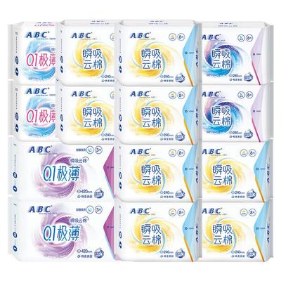 ABC卫生巾棉柔日用夜用420mm极薄姨妈巾女组合装整箱批发官方正品
