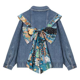 KEIKO 花漾云肩式牛仔外套女2026春季设计感提花蝴蝶结饰廓形夹克