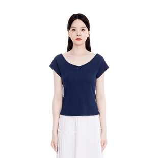 【许妍同款】BM短袖大V领T恤女2026新款修身设计感小众百搭上衣