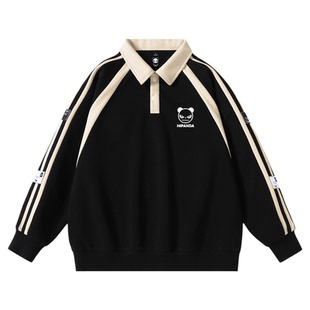 Hipanda你好熊猫潮牌美式拼色时尚翻领卫衣男上衣2026春POLO卫衣