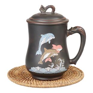 海豚水杯500ml广西钦州坭兴陶茶杯礼品高档办公杯带盖陶瓷马克杯