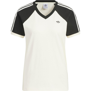 Adidas/阿迪达斯正品三叶草女士V领日常拼接透气短袖KF0316