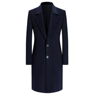 本派意大利风格羊绒羊毛商务复古休闲修身藏蓝色手工毛呢男大衣潮