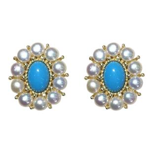 《镜花水月》925纯银绿松石天然淡水珍珠耳钉戒指套装复古中国风