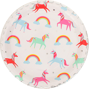 卡通彩色独角兽unicorn彩虹 一次性纸盘派对生日蛋糕点心餐碟套装