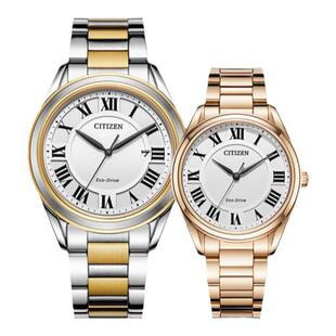 西铁城旗舰官网复古罗马字间金色光动能情侣对表男士手表女AW1694