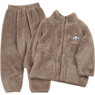 儿童加绒摇粒绒套装男童秋冬款舒棉绒拉链外套加厚家居服睡衣睡裤