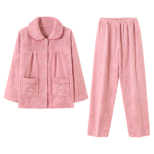 睡衣女款冬季珊瑚绒加绒加厚2025新款冬天法兰绒中老年妈妈家居服