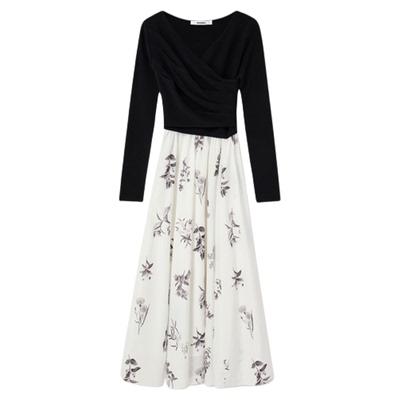 SNIDEL2025秋冬新品优雅气质交叉领露肩针织拼接连衣裙SWNO255167