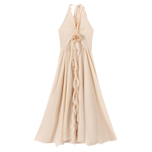 三亚海边度假沙滩裙法式开叉粉色挂脖连衣裙女长裙海岛穿搭ootd