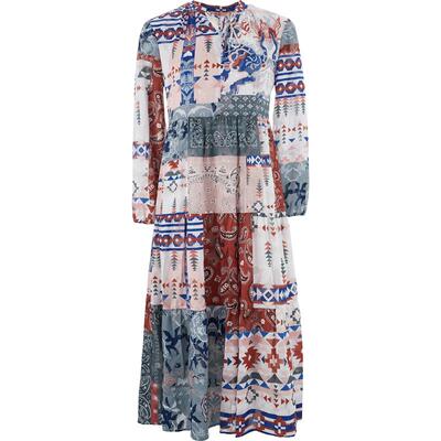 渔牌秋装女款2024年新款拼接印花撞色雪纺长袖休闲连衣裙FGGC0050