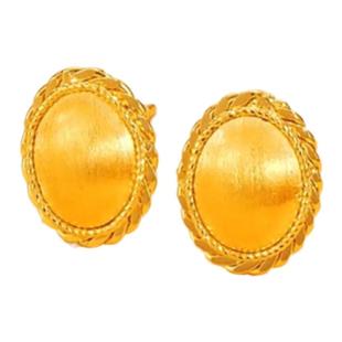 潮港福18K金流金岁月蛋形拉丝耳钉 女纯银椭圆纽扣耳饰黄金复古潮