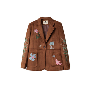 有耳uare原创设计 心之所向 麂皮绒复古学院花鸟房屋刺绣西装外套