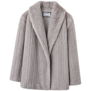 「现货」韩雨嘉灰环保水貂毛皮草外套女冬大翻领复古宽松毛毛上衣