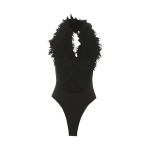 怪诞女孩 酷飒气质毛绒V领露背挂脖连体衣女 塑身显瘦打底衫上衣