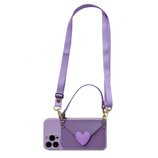 紫色爱心零钱包适用iphone17promax苹果16pro手机壳13可背带15pro斜挎挂绳12简约11硅胶xr软xs全包14promax女