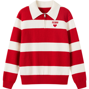 【新年】英氏男女童红白撞色条纹毛衣2026春秋新款洋气保暖针织衫
