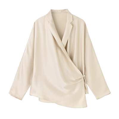 醋酸翻领上衣绑带长袖休闲衬衫