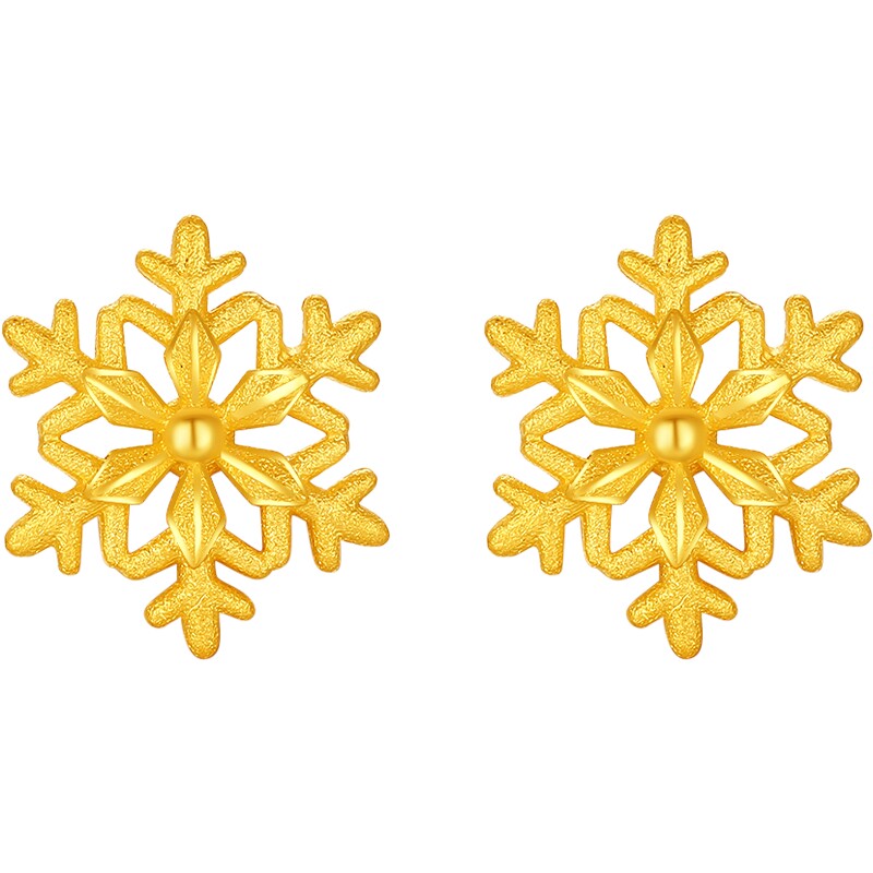 周六福黄金计价5G足金雪花冬日雪绒花耳钉圣诞节系列节日礼物
