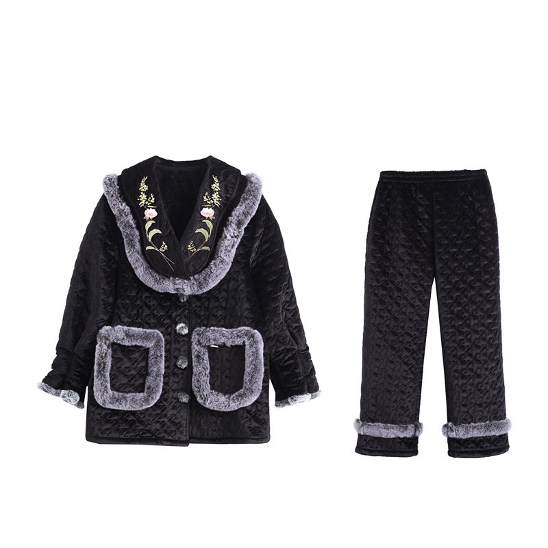 奢华仿兔毛刺绣三层加厚夹棉睡衣女款两件套松紧花瓣袖家居服套装