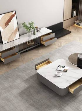 意式岩板正方形茶几电视柜组合小户型客厅方几+玻璃边几组合批发