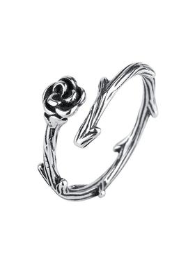S925银复古玫瑰枝条戒指女开口