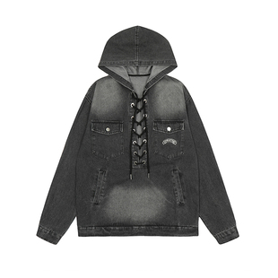 300斤特大码美式复古设计感牛仔外套女秋季宽松做旧水洗连帽卫衣