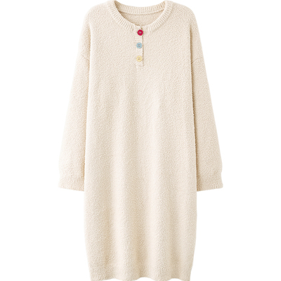 思莉太太撞色纽扣半边绒睡衣睡裙