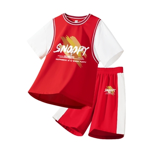 史努比童装男童运动套装红色篮球服短袖夏季潮酷男孩衣服儿童夏装
