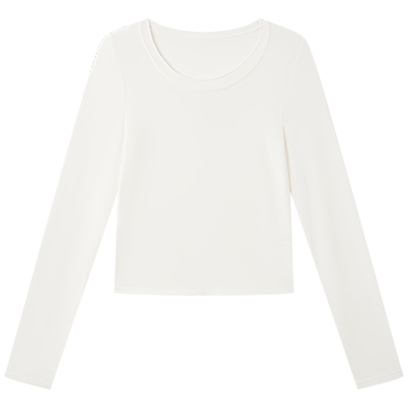 Halo Luu卷边u领白色长袖t恤女秋季设计感修身上衣内搭针织打底衫