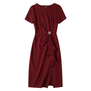 酒红喜庆婆婆妈妈连衣裙2025春夏季新款女装收腰名媛气质晚小礼服