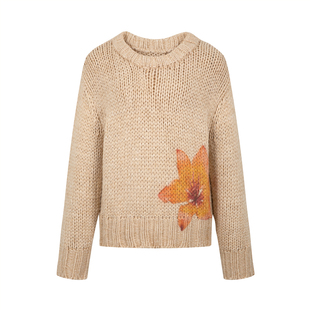 Cozydoll慵懒风复古冰岛羊毛花卉印花圆领粗针套头手工短款毛衣