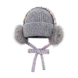 韩系新款设计感毛绒耳罩针织帽女秋冬季保暖防寒显脸小绑带包头帽