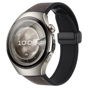 适用华为watch5表带专用无缝一体荔枝纹watch4pro磁吸复合真皮硅胶运动智能腕表苍穹黑男木星棕高级感配件
