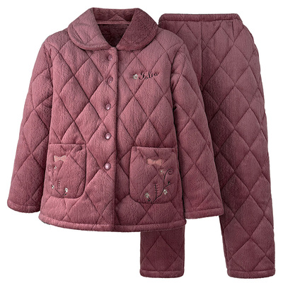 女士珊瑚绒睡衣套装三层加厚夹棉