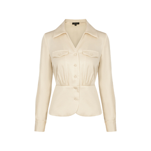 MARYLING玛俪琳24初秋新品米白色V领衬衫收腰真丝上衣A1EFW20090