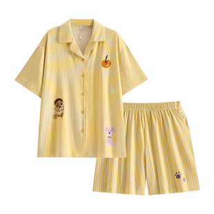 悦内睡衣女款夏季夏款纯棉短袖短裤家居服新款大码条纹卡通狗开衫