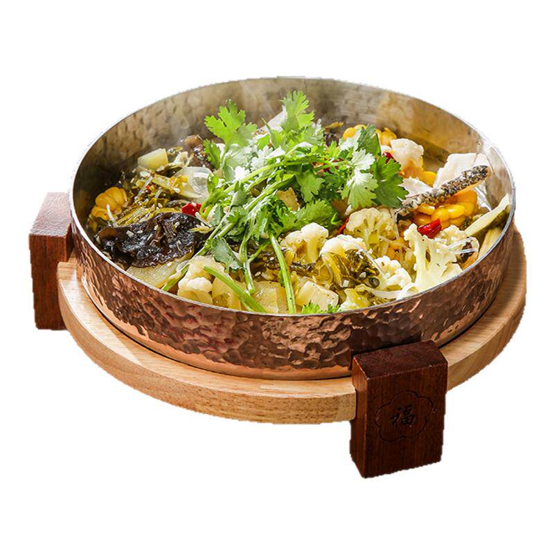 加厚304不锈钢酸菜鱼盆高档锤纹特色菜盘带木座商用湘菜创意菜钵