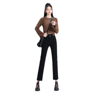 KRO黑色直筒宽松高腰牛仔裤女2024新款小个子修身显瘦九分烟管裤