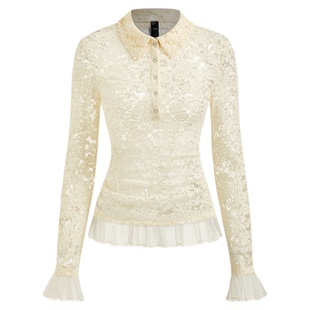 CIDER夏季女装碎花蕾丝翻领透视灯笼袖上衣 114782549